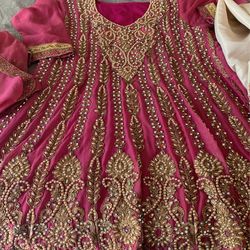 Pink And Gold Shalwar Dress And Scarf New