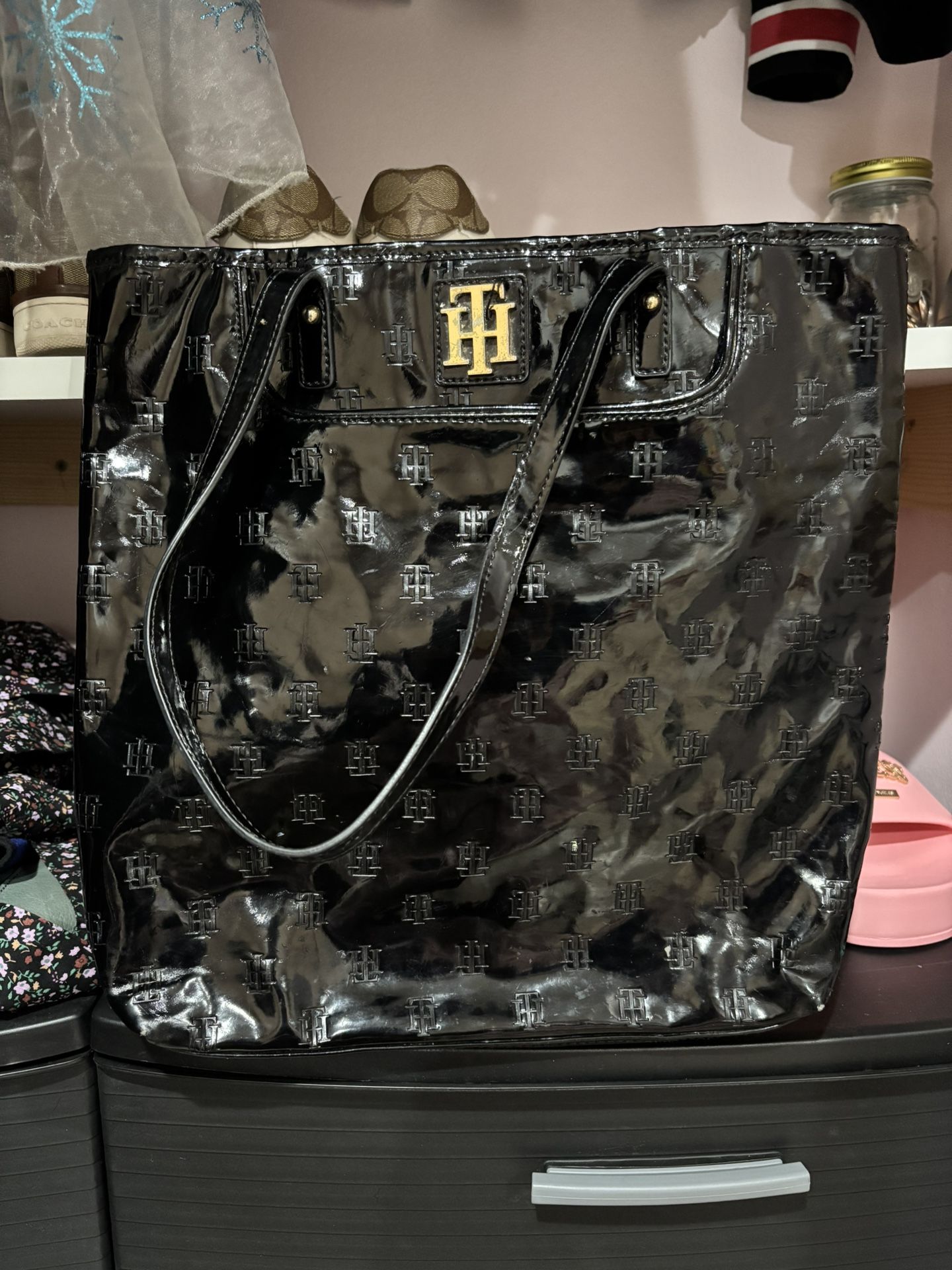 Tommy Hilfiger Large Glossy Black TH Logo Tote