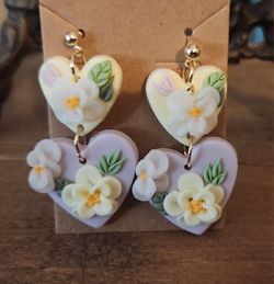 New Polymer Clay Lavender Heart with Flowers  Earrings 