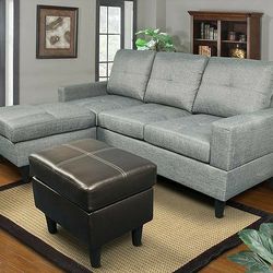 Brand New Gray Denim Linen Fabric Sectional With A Reversible Chaise & Matching Footrest 