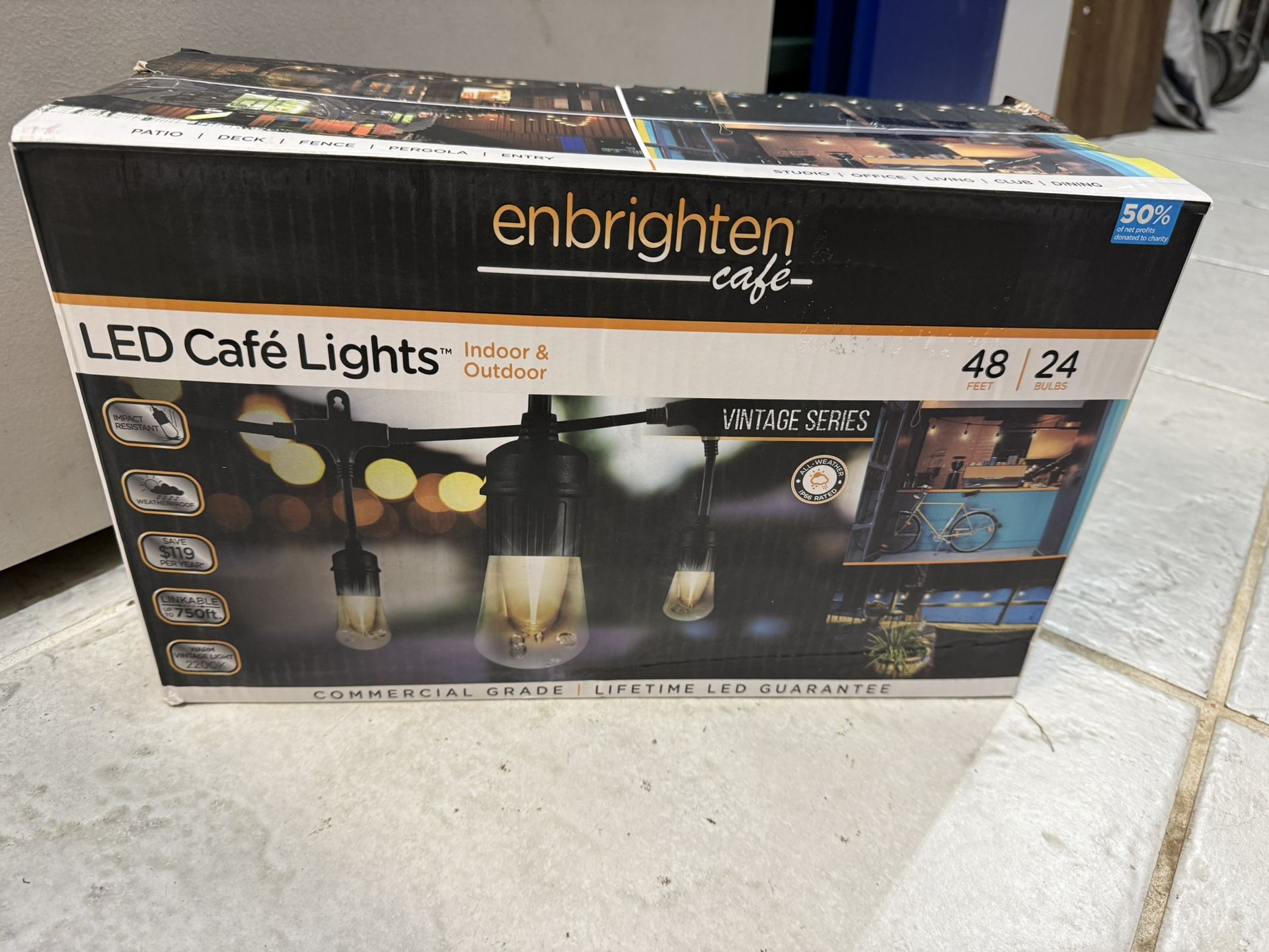 ENBRIGHTEN Cafe — 24 Bulbs 48 ft. Outdoor/Indoor Black Vintage LED String Lights, Acrylic Edison Bulbs