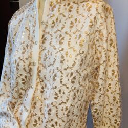 LADIES VINTAGE GOLD METALLIC LACE OVERLAY WHITE & GOLD ORLON ACRYLIC  CARDIGAN KNIT SWEATER In MINT CONDITION NEVER WORN RECENTLY FOUND SAVED IN BAG. 