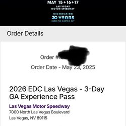 EDC Las Vegas 2 GA PASSES 2026 30th Year Anniversary