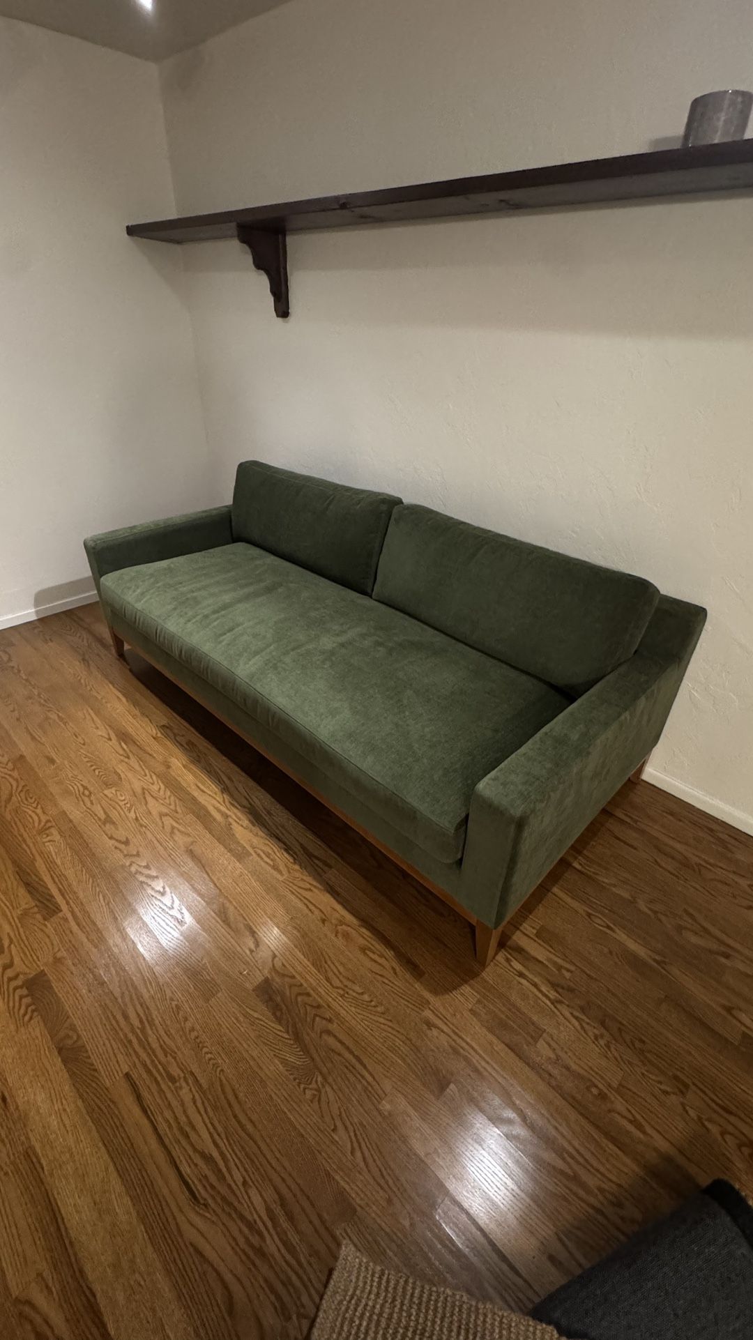 Beautiful Unused Green Sofa With Sold Wood Base