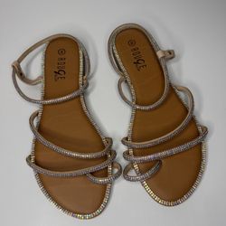 Sparkly Flat Roman Sandals For Women With Elastic Band And Metal Rhinestone Strap Size 8