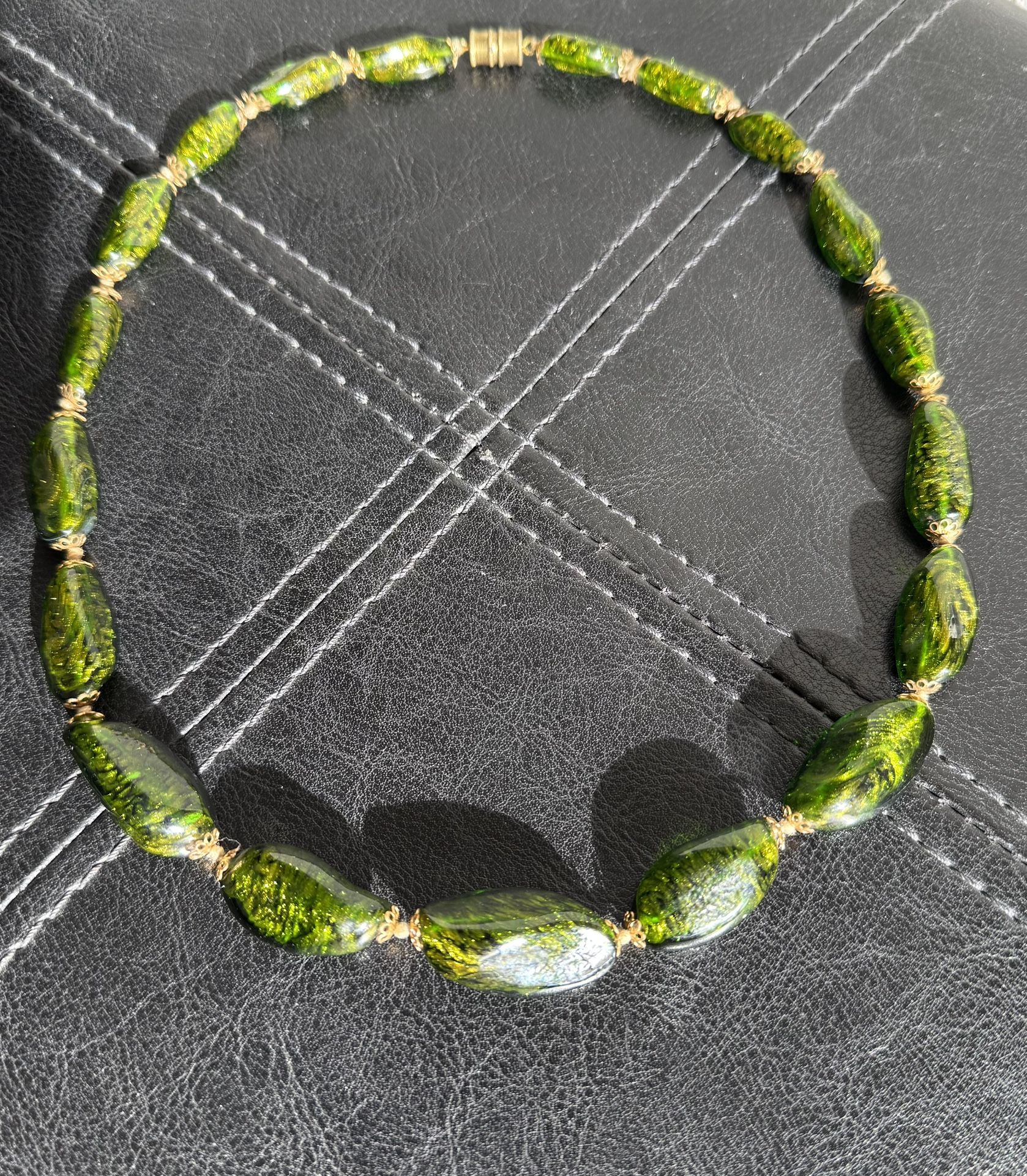 Vintage Green Glass Necklace, 20 Inches Long, Excellent Condition