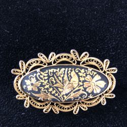 Vintage Damascene Gold & Black Tones Hummingbird and Flowers Pin or Brooch 2" x 1 1/4"