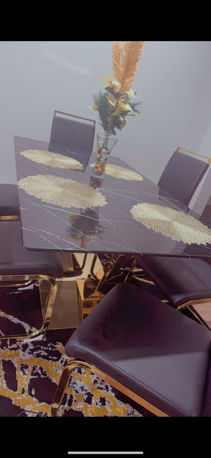 Black Dining Room Table Set for 6, 71” Faux Marble Dining Table Set for 6, Rectangle Kitchen Table Set with Black PU Leather Chairs, Gold Dinner Table