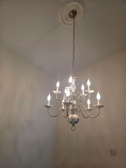 Vintage Dutch Delft Blue White Chandelier Porcelain Ornate Brass 8 Lights Arms Fixture