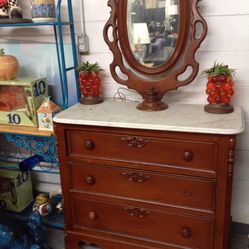 Beautiful Antique Marble Top 3 Drawer Dresser For Sale