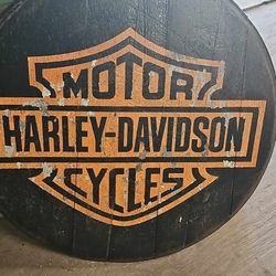 Authentic Whiskey Barrel Top Chippy Harley Davidson Sign 
