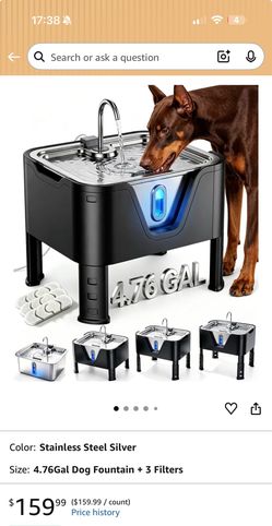 New 4. .75Gal/ 18L Large Dog Water Fountain Elevated Dog Water Bowl & 3 Filters 3-Height Adjustable Dog Water Bowl Dispenser, Quiet Stainless Steel Pe