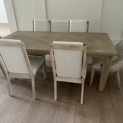 Wood Dining Table, 6 White Chairs 