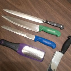 Microplane and chef's knives, bread knife, cleaver