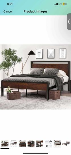 14 Inch Full Size Metal Platform Bed Frame with Wooden Headboard and Footboard, Mattress Foundation, No Box Spring Needed, Mahogany