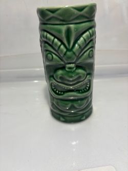 2001 Accoutrements Green Ceramic Tiki Mug Hawaiian Barware 6”
