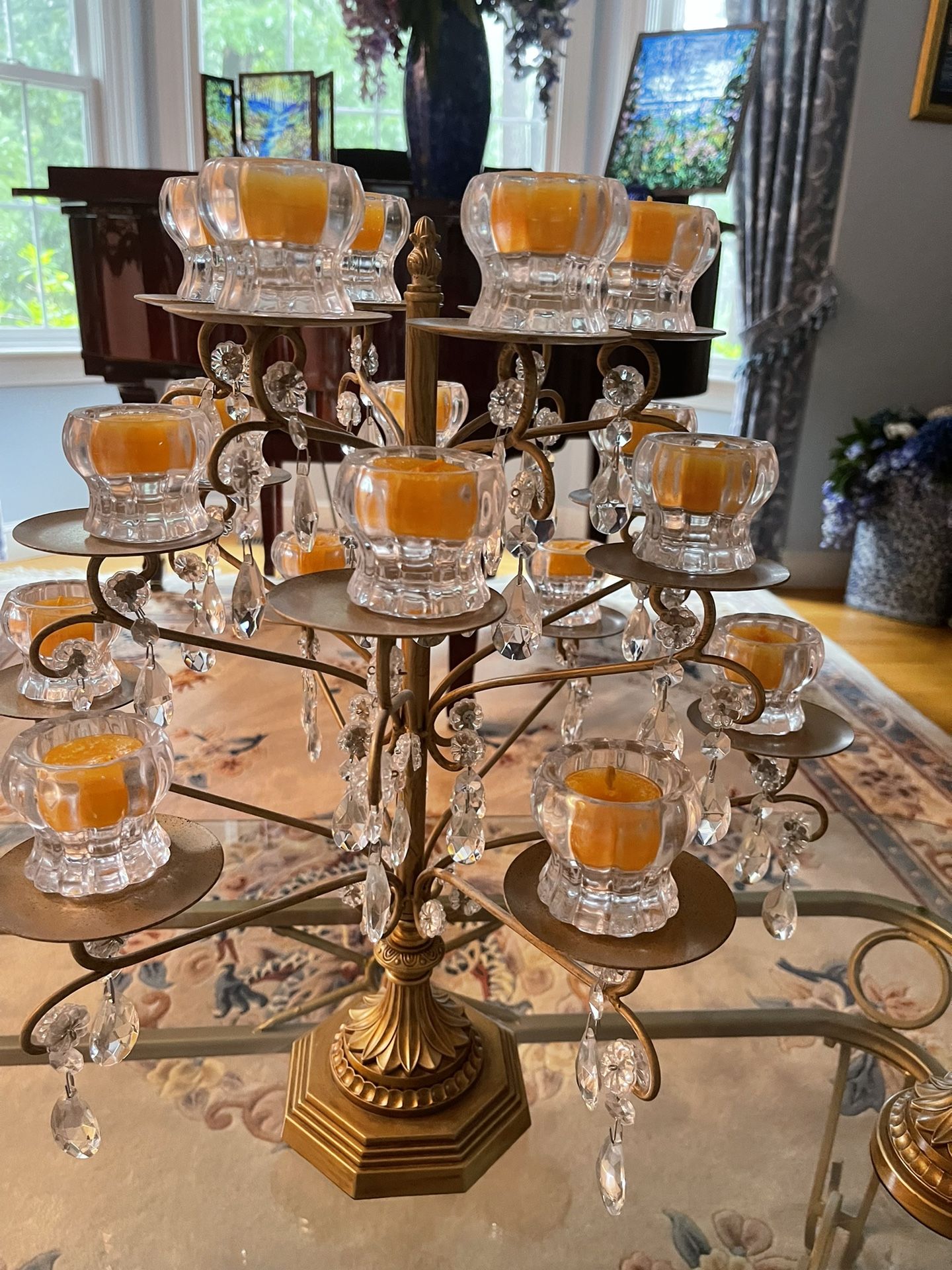 Beautiful Brass And Glass Candelabra With Matching Candlesticks $85