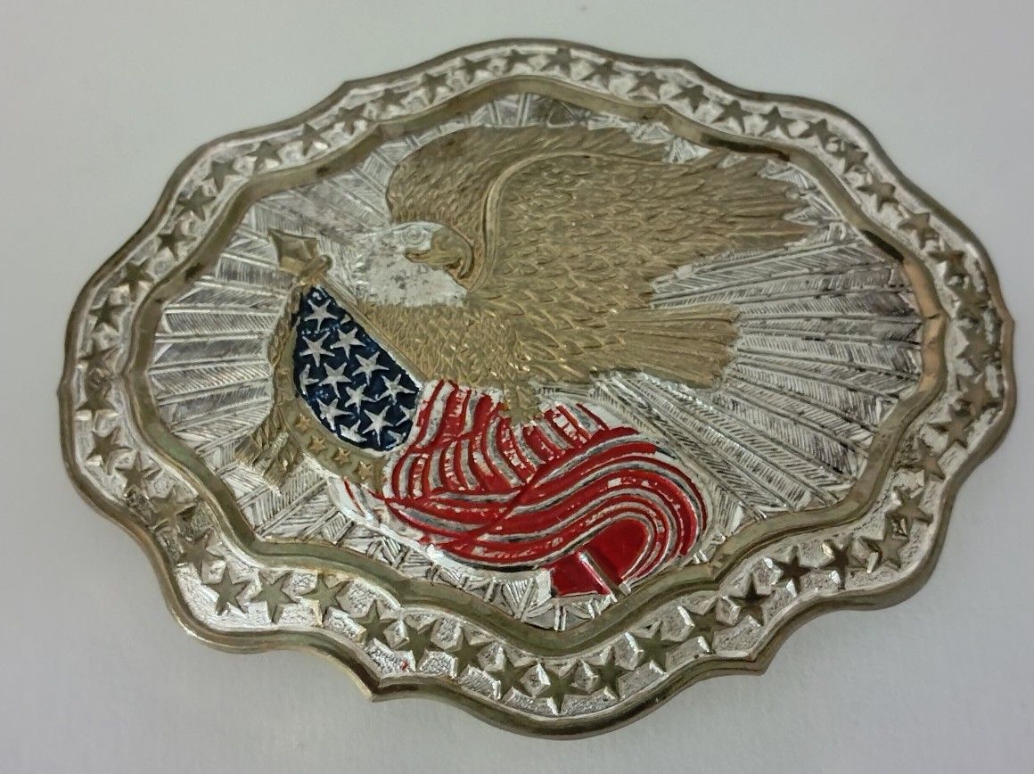 Vintage Crumrine Western Belt Buckle Eagle With American Flag Made In USA