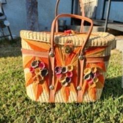 Mid Century Vintage Large Woven Straw Bucket Basket Purse