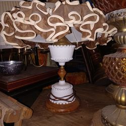 Vintage Milk Glass Lamp With Frilly Shade