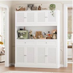 Large White Pantry Cabinet Hutch Coffee Bar Storage Cabinet with Drawers