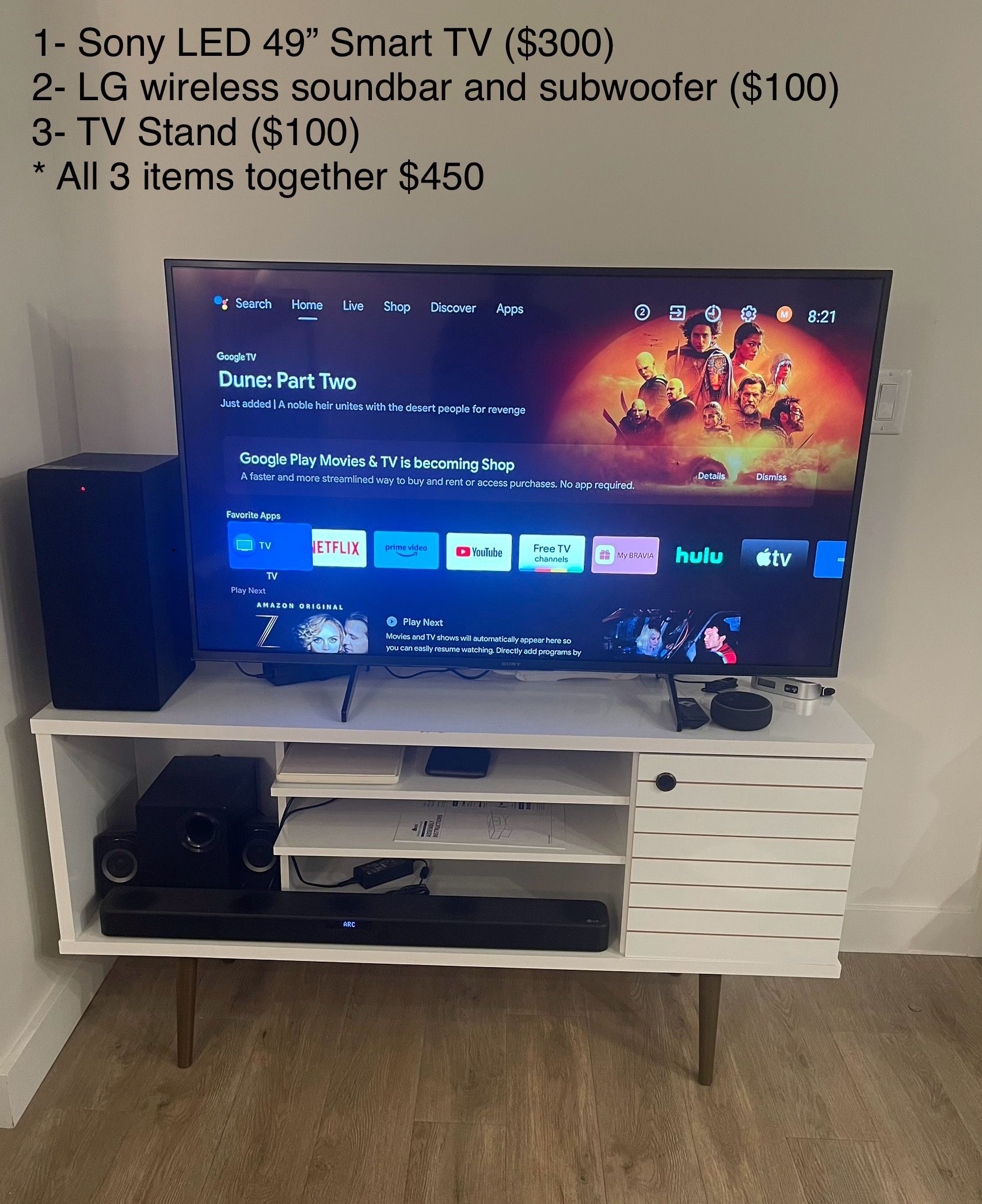 Sony 49” Smart LED TV  + TV Stand + LG Sundbar