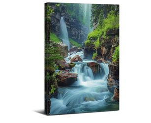 Mountain Waterfall Wall Art Green Forest Landscape Picture 32"L x 48"W