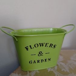 LIME GREEN OVAL METAL PLANTERS FLOWER POT W/HANDLES