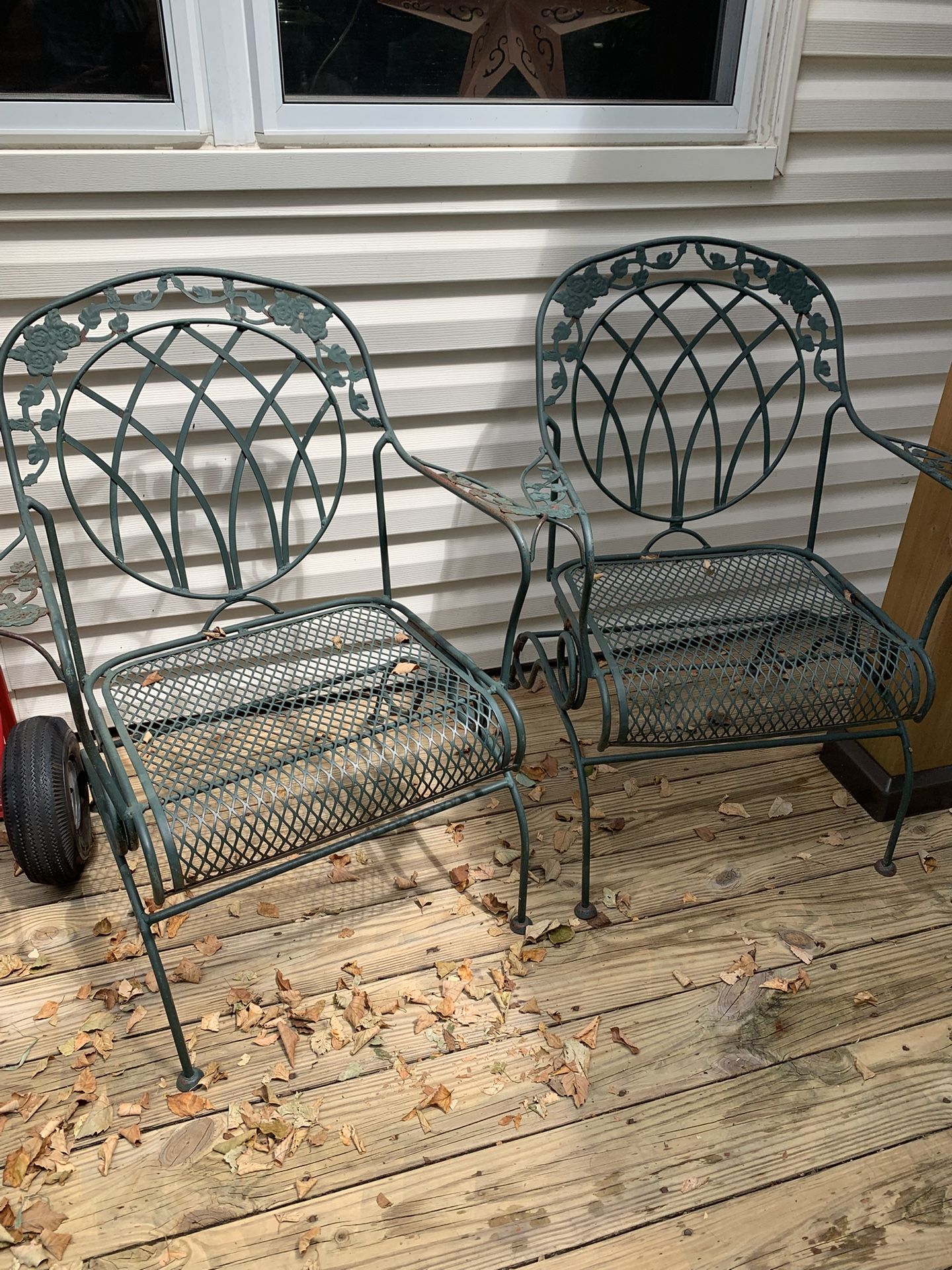 Two Vintage Rose Basket Weave Green Iron Spring Rockers.