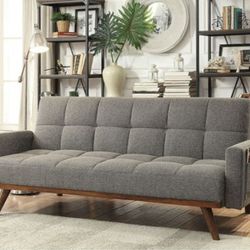 Brand New Grey Mid-Century Modern Futon Sofa Converts Into Bed 