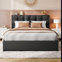 NEW Queen Bed Frame with Hydraulic Lift-Up Storage – Dark Gray – $299