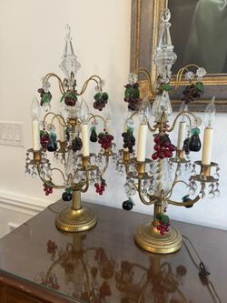 Pair of Antique French Vintage Crystal Girandoles table lamps With Grape Clusters 