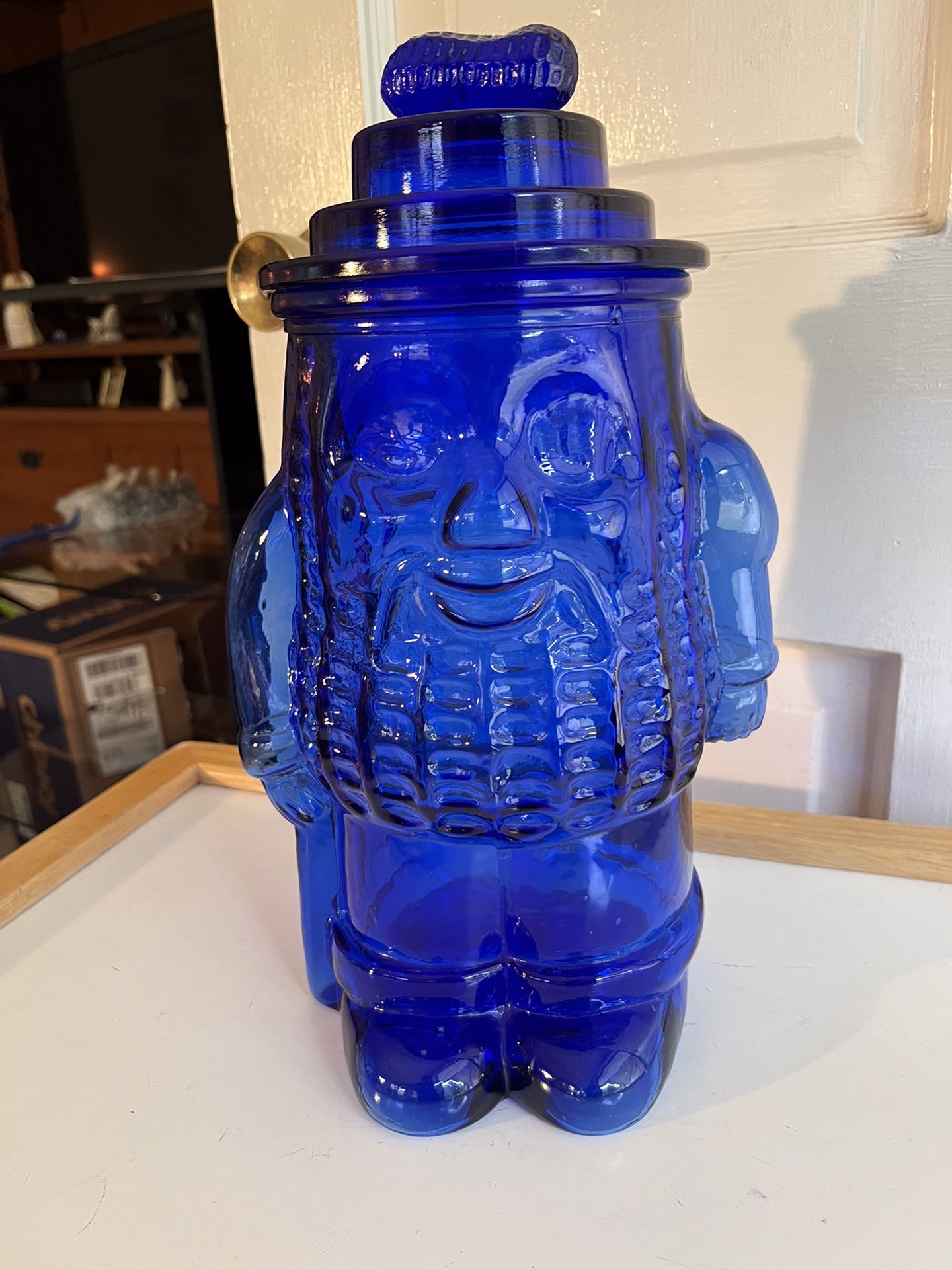 Vintage Cobalt Blue Glass Mr. Peanut Cookie Jar