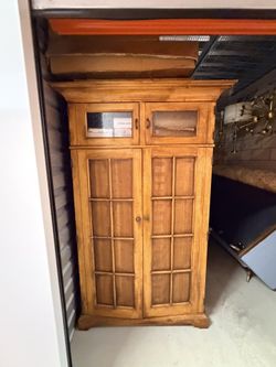 Solid Wood Armoire With Recessed, Lighting, And Slide Out Desk Top.