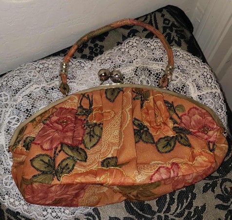 VINTAGE FLORAL FLOWER ROSE BOUQUET BEADED SATCHEL HANDBAG BAG CLUTCH PURSE