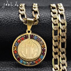  Colorful Crystal Saint Benedict Medal Necklace Women Men Stainless Steel Gold Color Chain Necklaces Jewelry San Benito