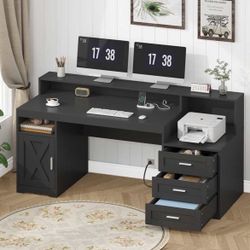 65'' Home Office Desk with Power Outlets, Storage Cabinet and Printer Stand, Study Writing Desks with Long Monitor Stand, Black