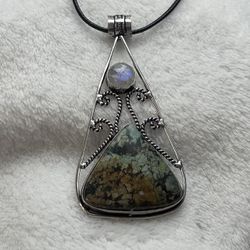 African Turquoise & White Rainbow moonstone Natural Gemstone 925 Silver Plated Gemstone Pendant Necklace - TQ-07