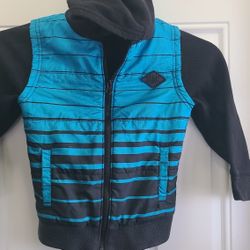 Tony Hawk Skateboarding medium 8-10. Looks like a black sweatshirt hoodie with a blue striped vest, cuffed bottom, 2 pockets. Polyester/cotton, east, 