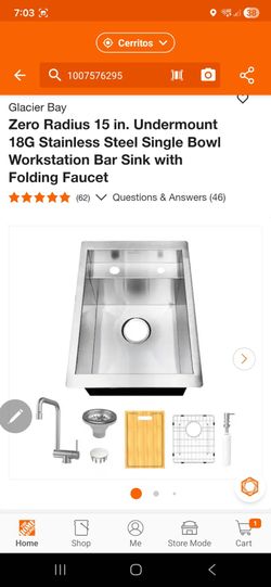 Glacier Bay Zero Radius 15 in. Undermount 18G Stainless Steel Single Bowl Workstation Bar Sink with Folding Faucet