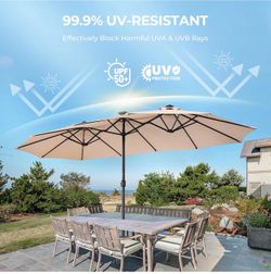 13ft Solar Lights LED Lighted Outdoor Extra Large Market Table Umbrella with Base Included, Oversized Umbrella for Deck, Pool, Backyard