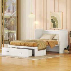 NEW White Full-Sized Murphy Bed with Built-in USB Ports and Storage Drawers for Space-Saving