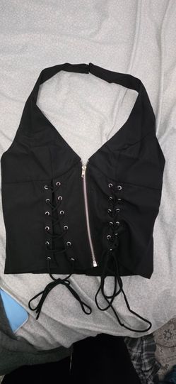 brand new black zip up halter top with ties on the side