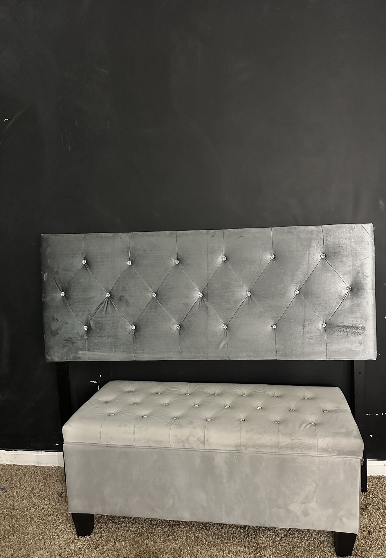 Grey Headboard & Ottoman Set