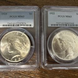 1925 And 1922 Peace Dollars PCGS MS63 