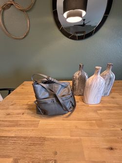 Gray Leather Shoulder Bag with Crossbody Strap