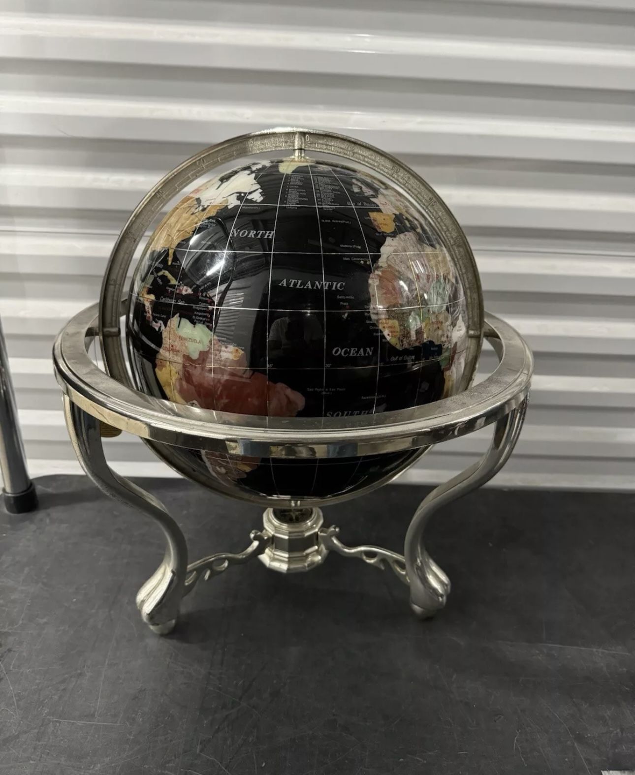 Large Semi Precious Stone Globe on Tripod Stand W/ Compass 20” H Black