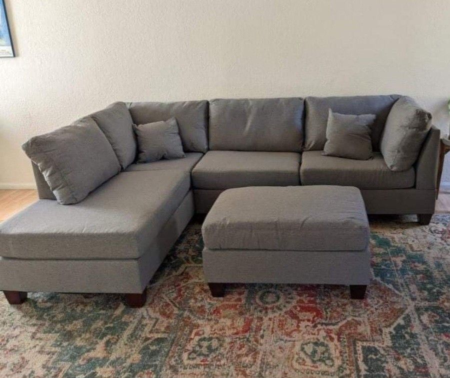 Brand New Grey Linen Sectional Sofa +Ottoman (New In Box) 