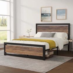 Queen Size Metal Platform Bed Frame with Wooden Headboard & Footboard, Brown