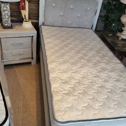 Grey Silver Twin Bed + Nightstand